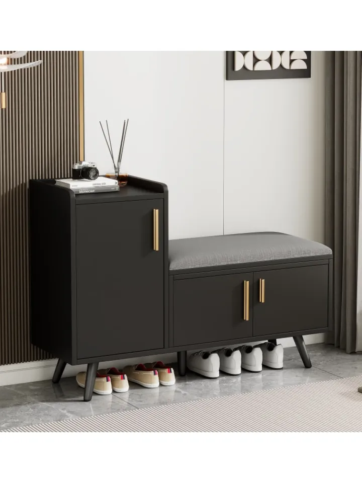 ABRIHOME Garderoben<Schuhbank in Schwarz mit 3 Stauraumtüren und Sitzfunktion B100 T34 H69 cm