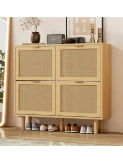 ABRIHOME Garderoben<Schuhkommode in Braun mit Rattan-Schubladen 100x25x90 cm