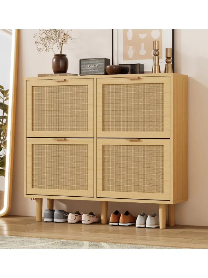 ABRIHOME Garderoben<Schuhkommode in Braun mit Rattan-Schubladen 100x25x90 cm