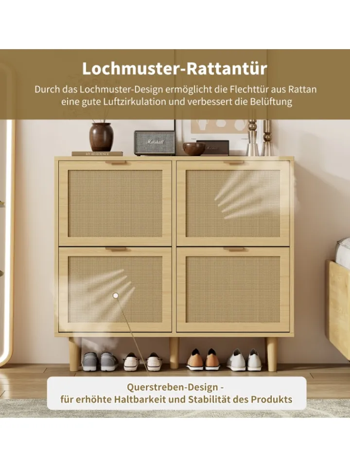 ABRIHOME Garderoben<Schuhkommode in Braun mit Rattan-Schubladen 100x25x90 cm