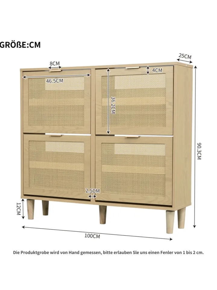 ABRIHOME Garderoben<Schuhkommode in Braun mit Rattan-Schubladen 100x25x90 cm