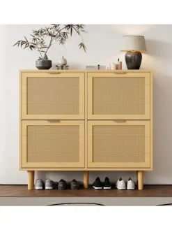 ABRIHOME Garderoben<Schuhkommode in Braun mit Rattan-Schubladen 100x25x90 cm