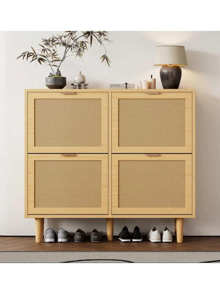 ABRIHOME Garderoben<Schuhkommode in Braun mit Rattan-Schubladen 100x25x90 cm