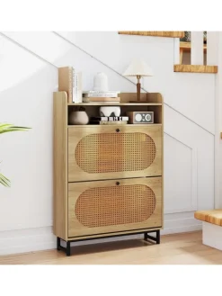 COSTWAY Garderoben<Schuhschrank 2 Klappen in Hellbraun