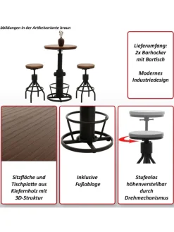 MCW Möbel-Sets<Set Bartisch + 2x Barhocker N17, Braun