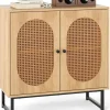COSTWAY Regale & Schränke<Sideboard mit 2 Rattantüren in Hellbraun