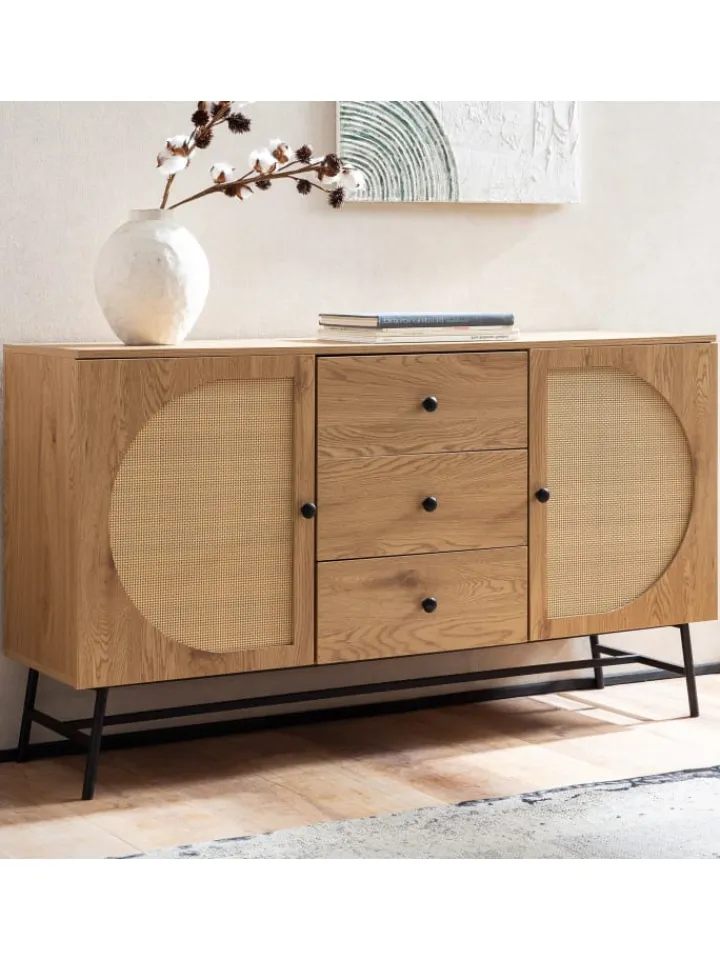 KADIMA DESIGN Regale & Schränke<Sideboard 140x80x40 cm Kommode Eiche-Dekor mit Rattan Geflecht