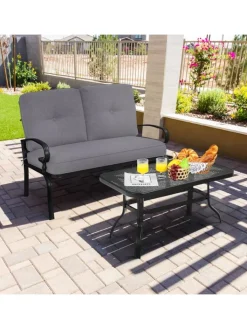 COSTWAY Gartenmöbel<2-Sitzer Gartenbank mit Tisch in Grau