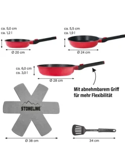 Stoneline Kochgeschirr<SMART Pfannen-Set 3-teilig, abnehmbarer Griff in Rubin rot