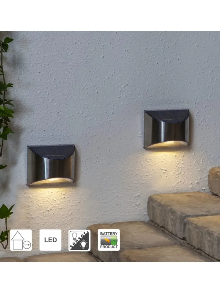 STAR Trading Außenbeleuchtung<Solar-Wandleuchten ,Wally', 2er-Set, LED, Metall, silber, H 8cm, B 10c