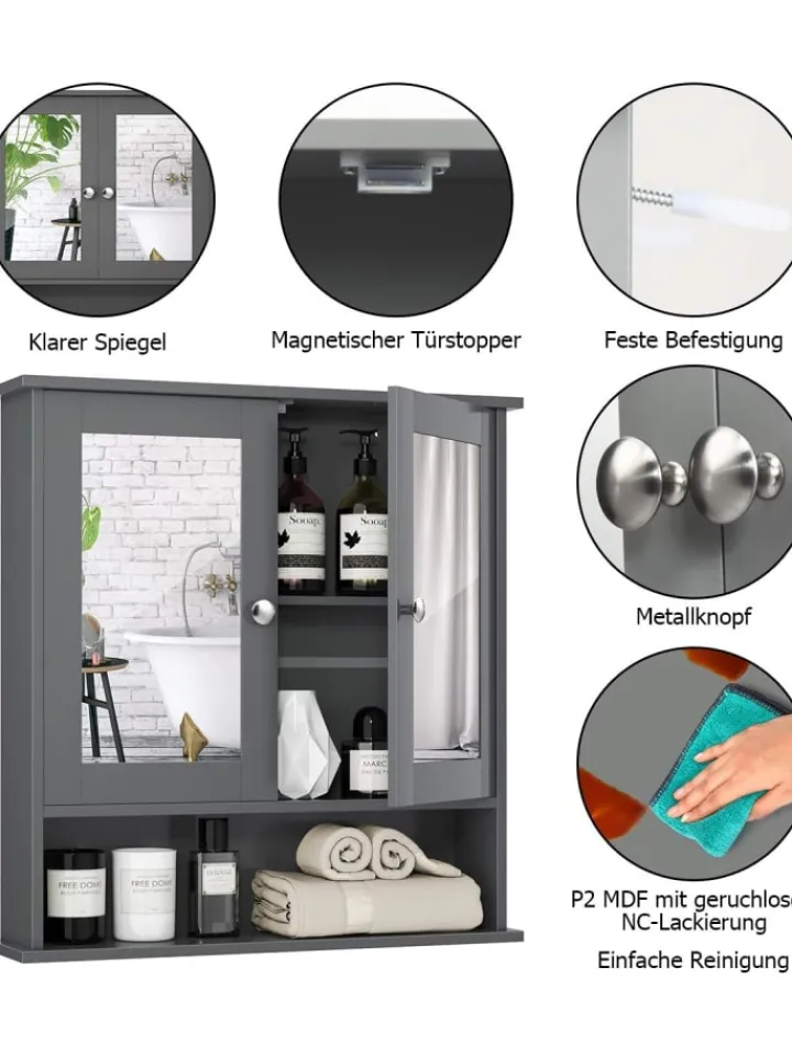 COSTWAY Badmöbel|Badezimmermöbel<Spiegelschrank Badezimmer in Grau