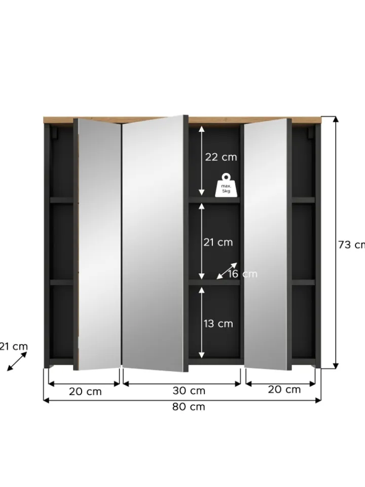 xonox.home Badmöbel<Spiegelschrank in Basalt grau/Artisan Eiche - (B) 80 x (H) 73 x (T) 21