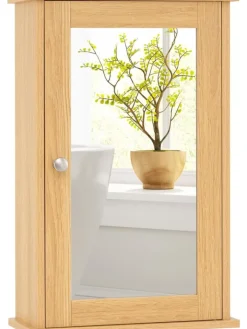 COSTWAY Badmöbel|Badezimmermöbel<Spiegelschrank in Hellbraun