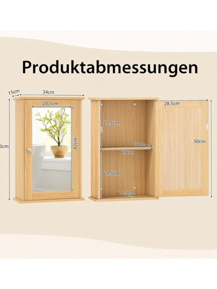 COSTWAY Badmöbel|Badezimmermöbel<Spiegelschrank in Hellbraun