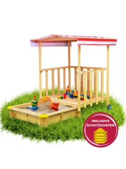 Coemo Gartenspielzeug<Spielhaus mit Sandkasten und Spielveranda in Natur