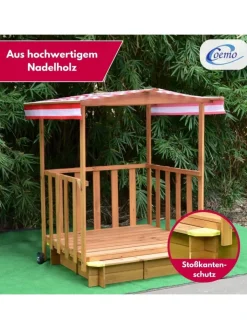 Coemo Gartenspielzeug<Spielhaus mit Sandkasten und Spielveranda in Natur