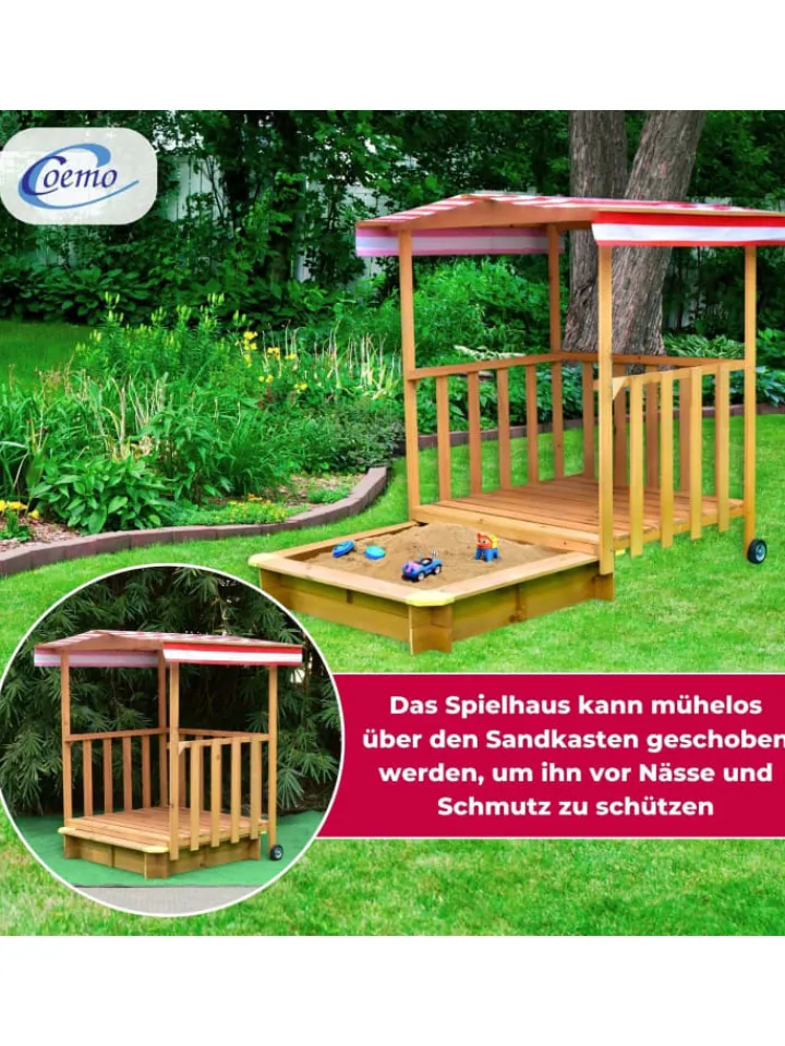 Coemo Gartenspielzeug<Spielhaus mit Sandkasten und Spielveranda in Natur