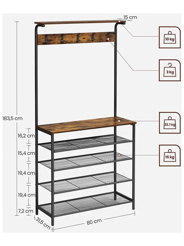 Songmics Regale & Schränke|Garderoben<Standgarderobe in Braun/ Schwarz - (B)80 x (H)183,5 x (T)31,5 cm