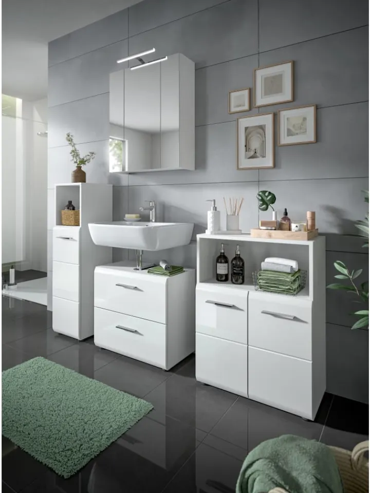 xonox.home Badezimmermöbel|Badmöbel<Standschrank hoch in Weiß/Weiß Hochglanz - (B) 30 x (H) 110 x (T) 30