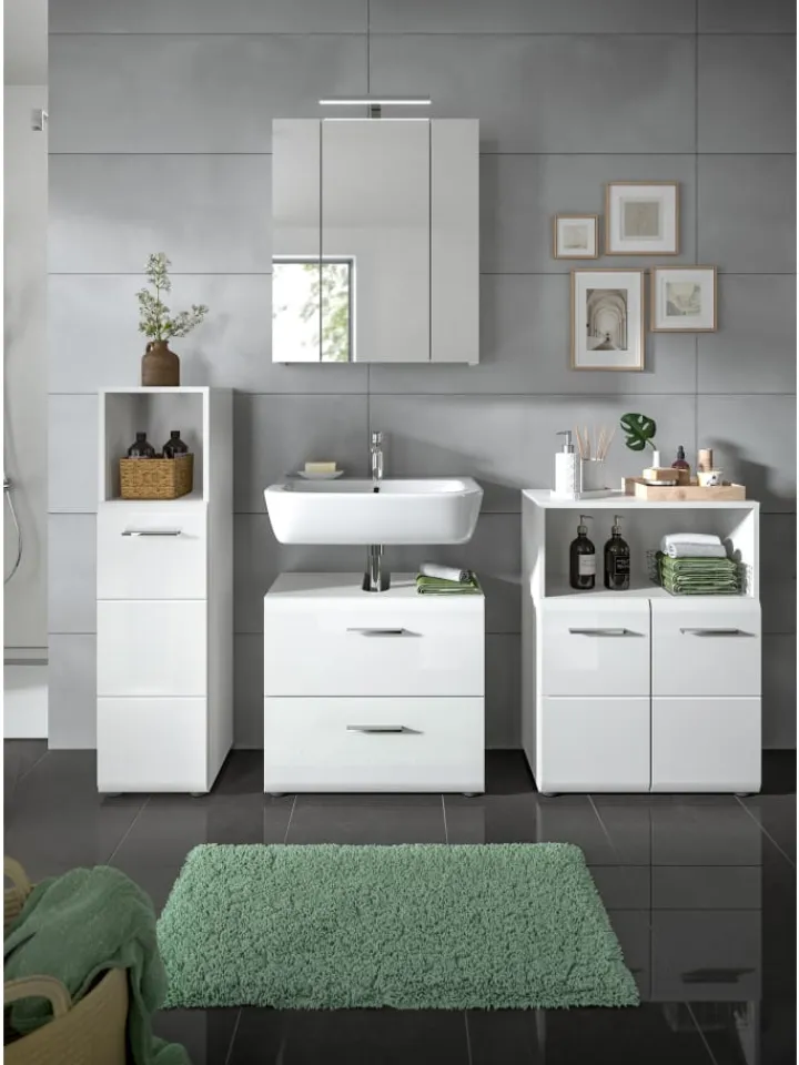 xonox.home Badezimmermöbel|Badmöbel<Standschrank hoch in Weiß/Weiß Hochglanz - (B) 30 x (H) 110 x (T) 30