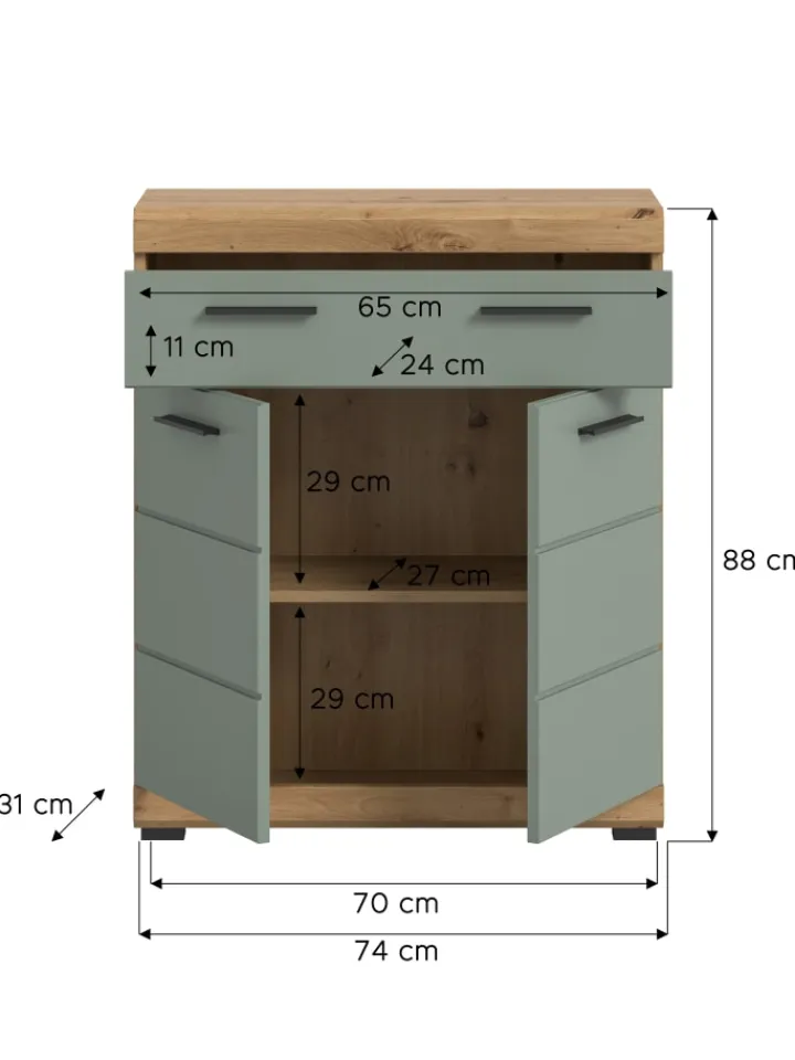 xonox.home Badmöbel|Badezimmermöbel<Standschrank in Artisan Eiche/Salbei - (B) 74 x (H) 88 x (T) 31