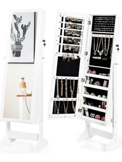 COSTWAY Schmuckkästen<Standspiegel mit Schmuckschrank in Weiß