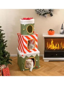 COSTWAY Katzen<3-stöckig Katzenhöhle Weihnachten 120 cm in Grün