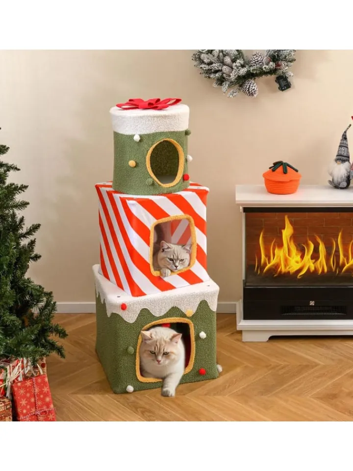 COSTWAY Katzen<3-stöckig Katzenhöhle Weihnachten 120 cm in Grün