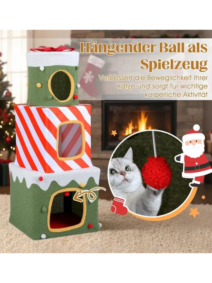 COSTWAY Katzen<3-stöckig Katzenhöhle Weihnachten 120 cm in Grün