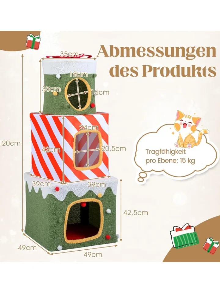 COSTWAY Katzen<3-stöckig Katzenhöhle Weihnachten 120 cm in Grün