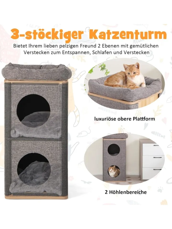 COSTWAY Katzen<3-stöckige Katzenhöhle in Grau