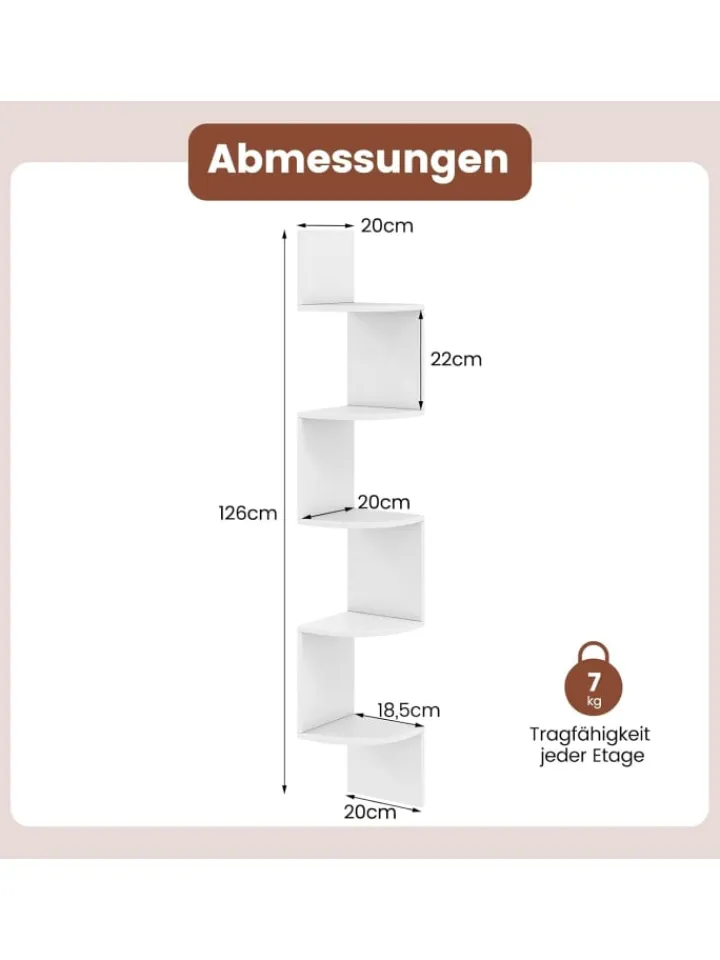 COSTWAY Regale & Schränke<5-stöckiges Eckregal hängend in Weiß
