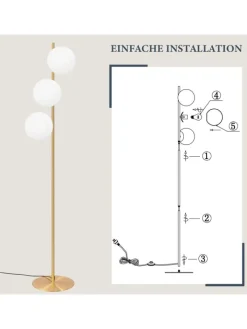 ZMH Stehleuchten<Stehlampe 3-flammige E27 in gold Glasschrim