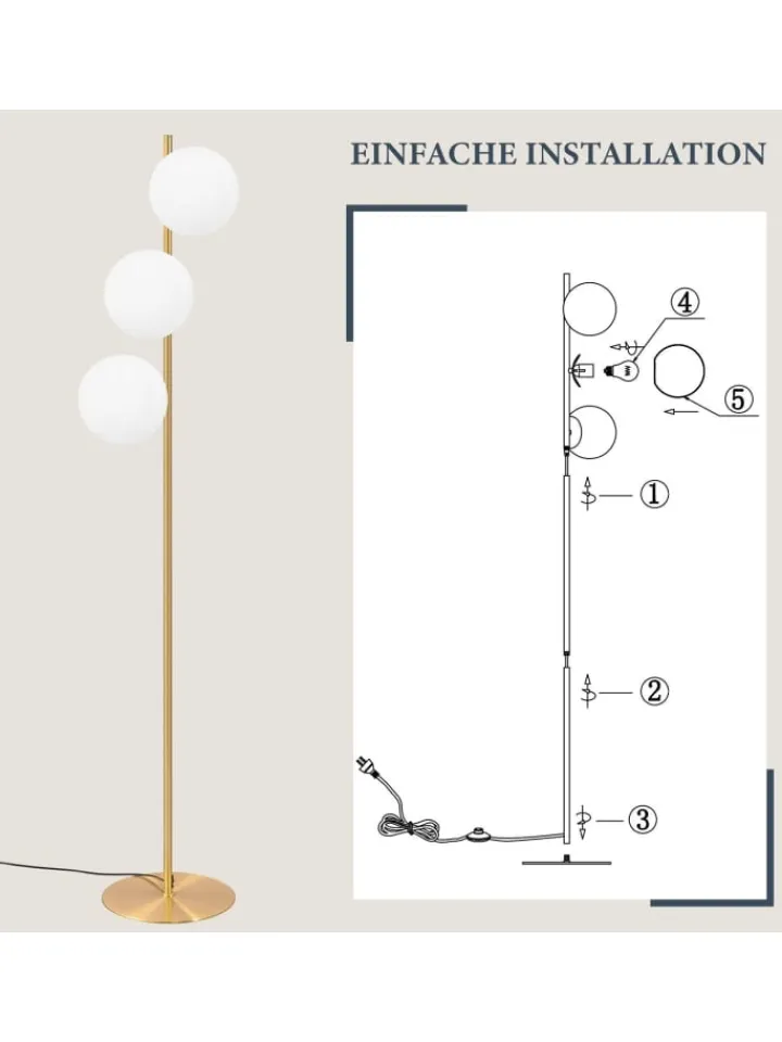 ZMH Stehleuchten<Stehlampe 3-flammige E27 in gold Glasschrim