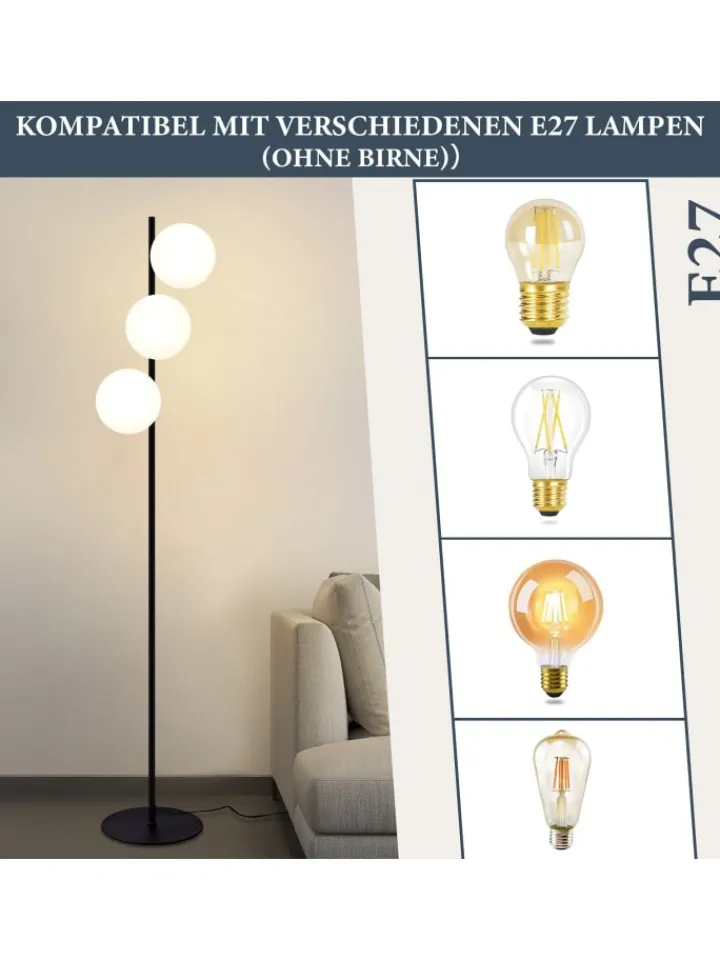 ZMH Stehleuchten<Stehlampe 3-flammige E27 in schwarz Glasschrim