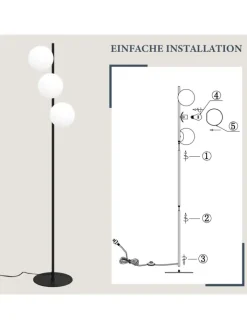ZMH Stehleuchten<Stehlampe 3-flammige E27 in schwarz Glasschrim