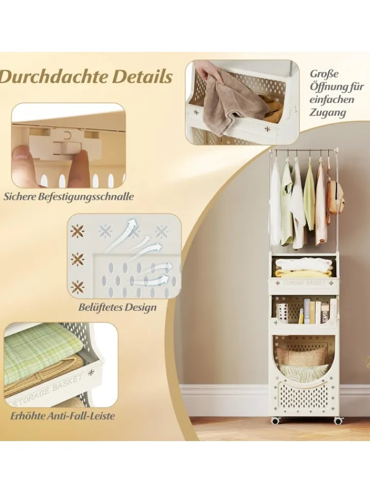 COSTWAY Wäschekörbe & -Ständer<4-stufig Kleiderstangen schmal mit Wäschekorbwagen in Beige