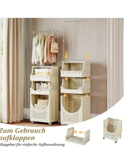 COSTWAY Wäschekörbe & -Ständer<4-stufig Kleiderstangen schmal mit Wäschekorbwagen in Beige