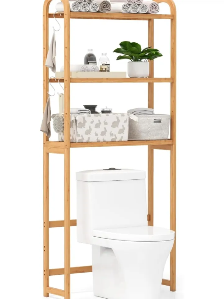 COSTWAY Badmöbel|Badezimmermöbel<3-stufiger Toilettenregal Bambus in Hellbraun