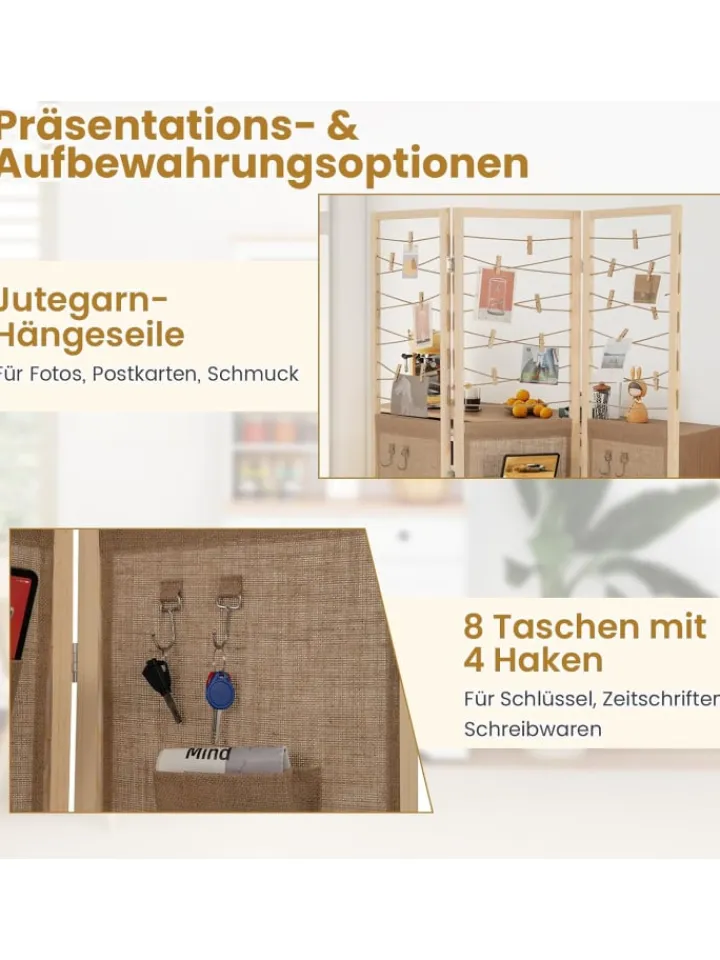 COSTWAY Paravents<3-teilig Raumteiler 120 × 170 cm in Hellbraun