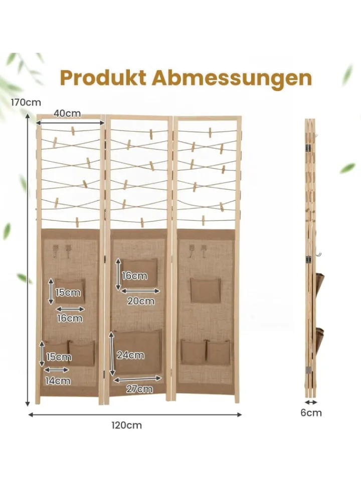 COSTWAY Paravents<3-teilig Raumteiler 120 × 170 cm in Hellbraun