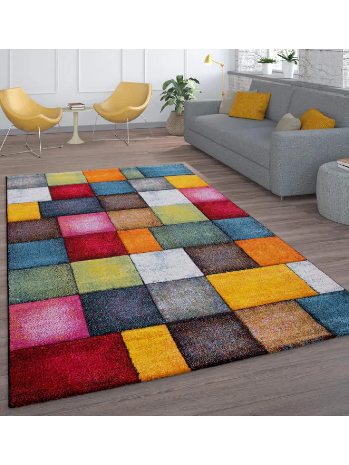 KADIMA DESIGN Teppiche & Fußmatten<Teppich Kurzflor Karos Wohnzimmer schmutzabweisend in Mehrfarbig