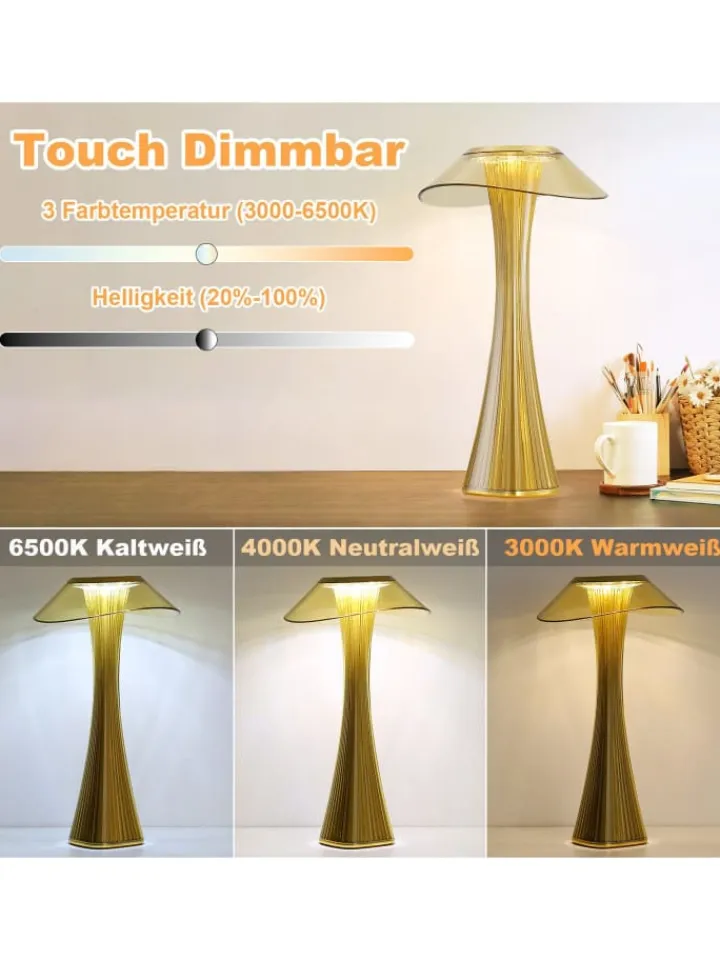 ZMH Tischleuchten<Tischleuchte LED in gold USB Wiederaufladbar Touch Dimmbar