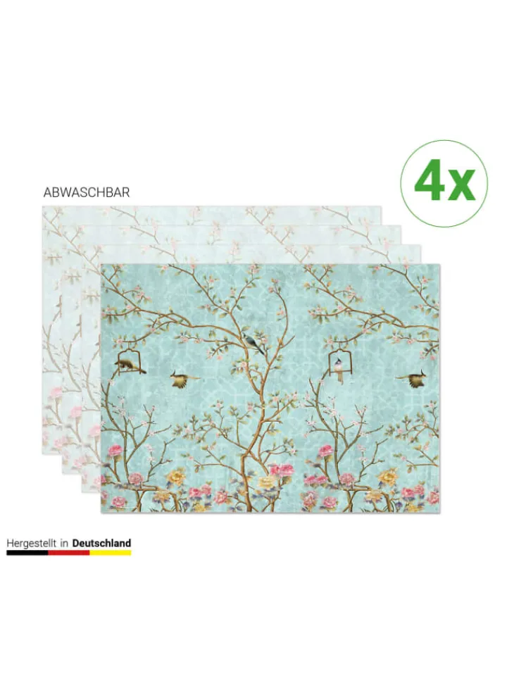 cover-your-desk.de Tisch- & Küchentextilien<Tischsets I Platzsets abwaschbar - Florales Vintage Motiv mit Vägeln - aus erstklassigem Vinyl (Kunststoff Ð BPA-frei) - 4 Stück - 44 x 32 cm - rutschfeste Tischdekoration