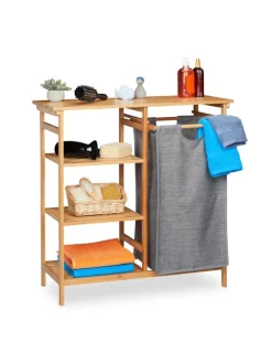 relaxdays Badmöbel<2tlg. Badregal Wäschekorb Set in Natur/Grau - (B)80 x (H)80,5 x (T)33,5 cm