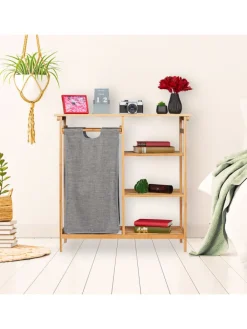 relaxdays Badmöbel<2tlg. Badregal Wäschekorb Set in Natur/Grau - (B)80 x (H)80,5 x (T)33,5 cm