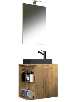 VCM Badezimmermöbel<3-tlg Waschtisch Hausa Spiegel Toilette Schwarz in Honig-Eiche