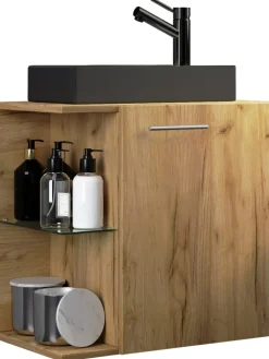 VCM Badmöbel<2-tlg Waschtisch Hausa Toilette schmal Schwarz in Honig-Eiche