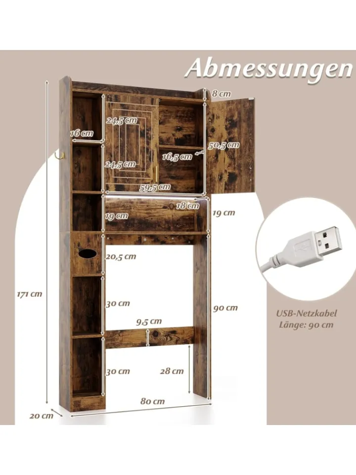 COSTWAY Badezimmermöbel<Toilettenregal mit Beleuchtung in Braun