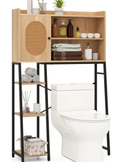 COSTWAY Badmöbel|Badezimmermöbel<Toilettenschrank mit PE-Rattan Tür in Hellbraun